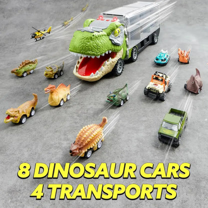 Dinosaur Transport Carrier Truck with 12 Mini Pull-Back Cars – 13-in-1 Garbage Truck Toy Set