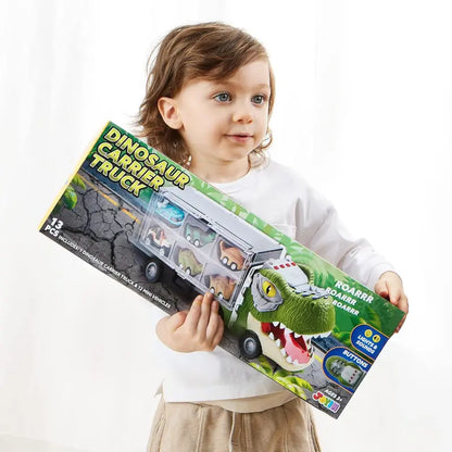 Dinosaur Transport Carrier Truck with 12 Mini Pull-Back Cars – 13-in-1 Garbage Truck Toy Set