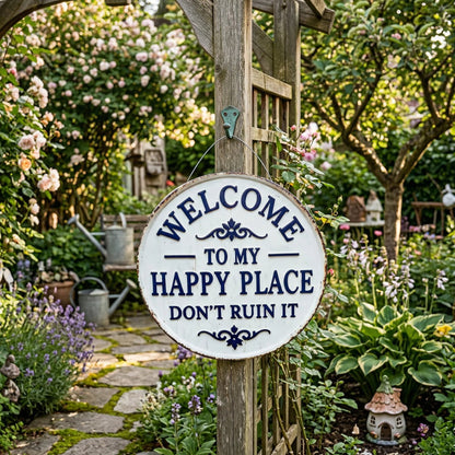 Vintage Round Metal Sign – “Welcome to My Happy Place Don’t Ruin It” Garden Wall Decor