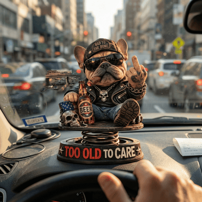 "Too Old To Care" Hardcore Frenchie Dashboard Bobblehead😎 - Rebellious Middle Finger Bulldog Car Decor