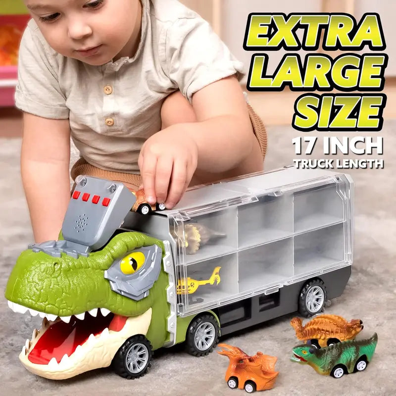 Dinosaur Transport Carrier Truck with 12 Mini Pull-Back Cars – 13-in-1 Garbage Truck Toy Set
