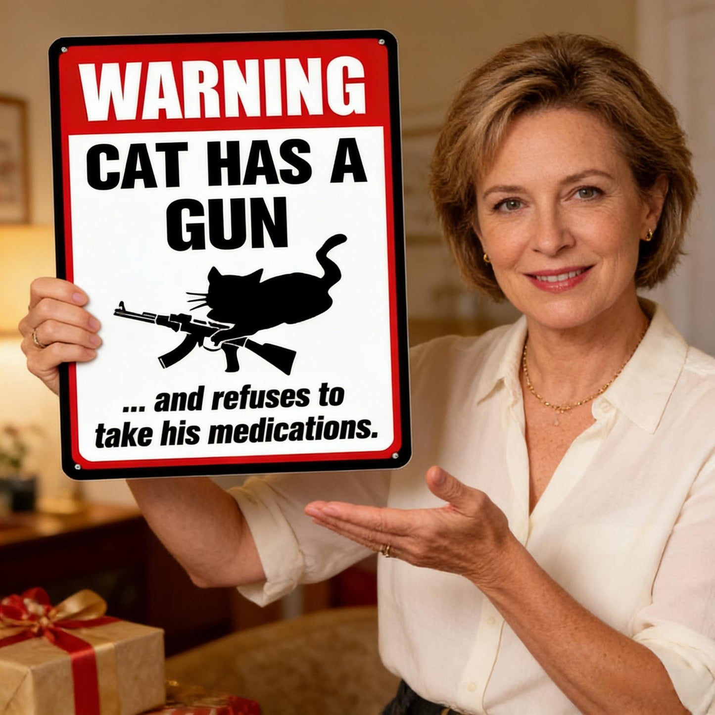 🔥Last Day 50% OFF - Funny "Cat & Dog Has a Gun & Won't Take Meds" Aluminum Sign