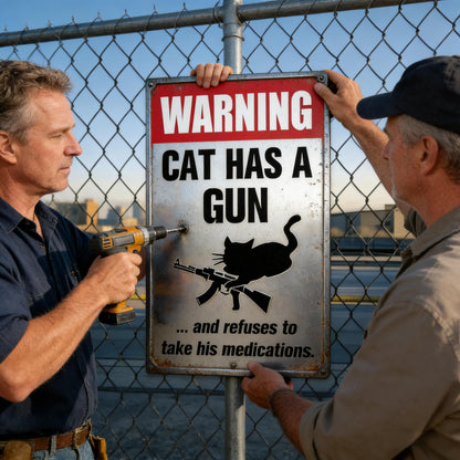 🔥Last Day 50% OFF - Funny "Cat & Dog Has a Gun & Won't Take Meds" Aluminum Sign