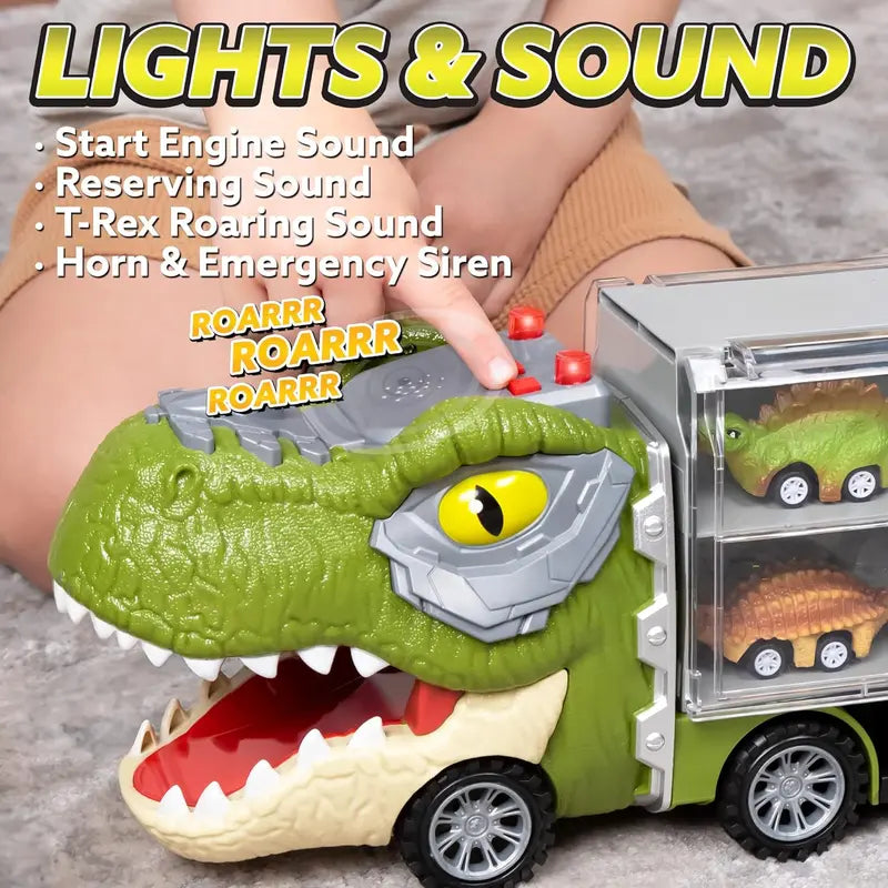 Dinosaur Transport Carrier Truck with 12 Mini Pull-Back Cars – 13-in-1 Garbage Truck Toy Set