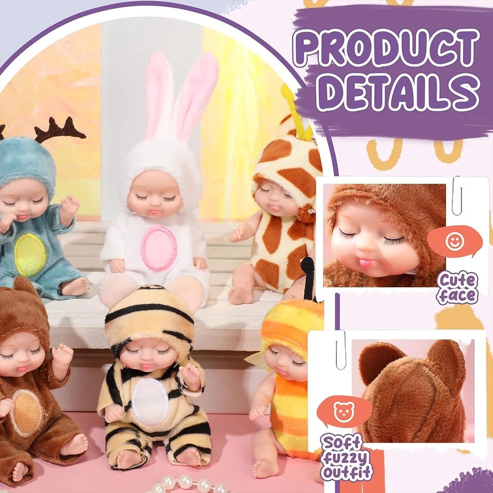 🐣Easter Egg Fillers: 6-Pc Mini Reborn Baby Doll Set | 4.3" Lifelike Realistic Sleeping Babies in Animal Outfits