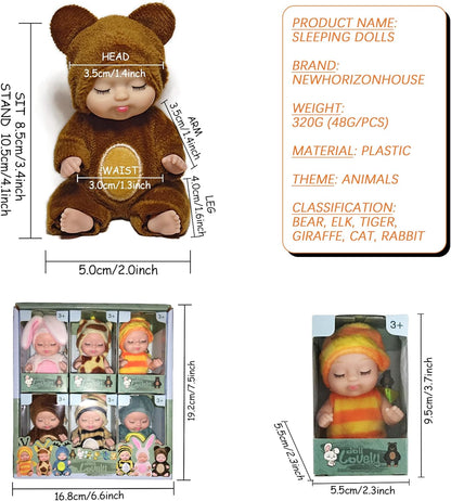 🐣Easter Egg Fillers: 6-Pc Mini Reborn Baby Doll Set | 4.3" Lifelike Realistic Sleeping Babies in Animal Outfits