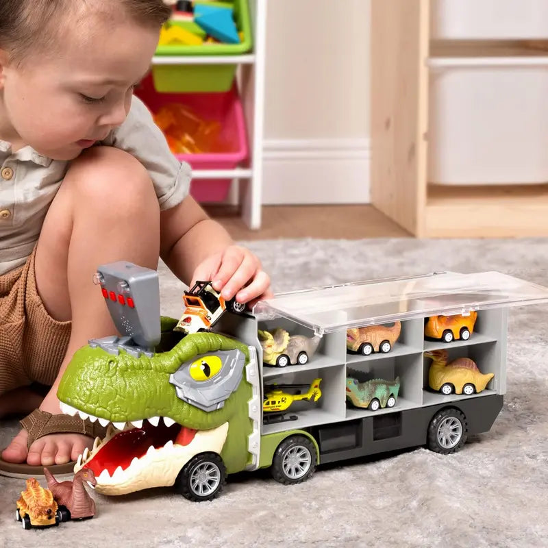 Dinosaur Transport Carrier Truck with 12 Mini Pull-Back Cars – 13-in-1 Garbage Truck Toy Set
