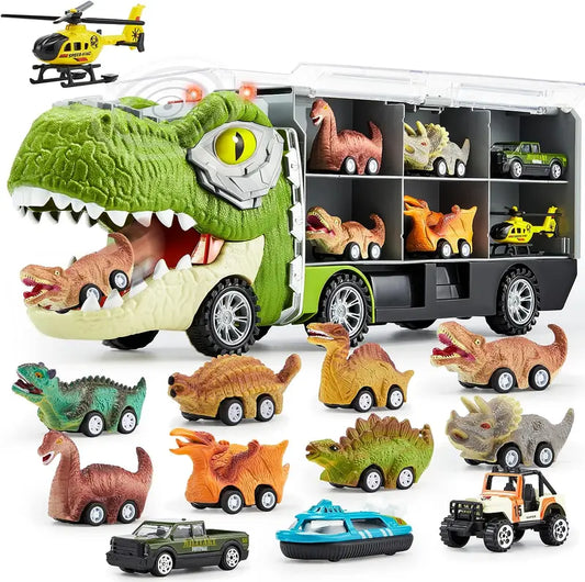 Dinosaur Transport Carrier Truck with 12 Mini Pull-Back Cars – 13-in-1 Garbage Truck Toy Set