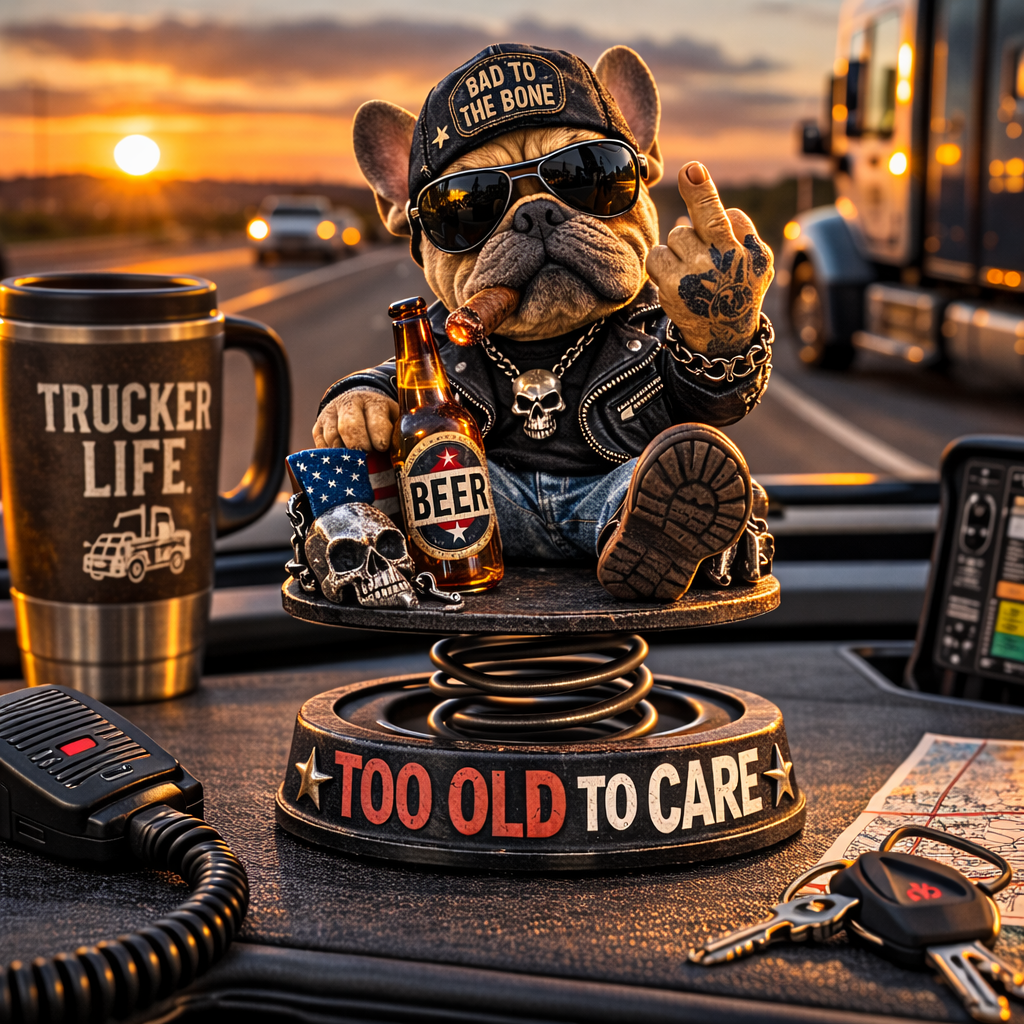 "Too Old To Care" Hardcore Frenchie Dashboard Bobblehead😎 - Rebellious Middle Finger Bulldog Car Decor