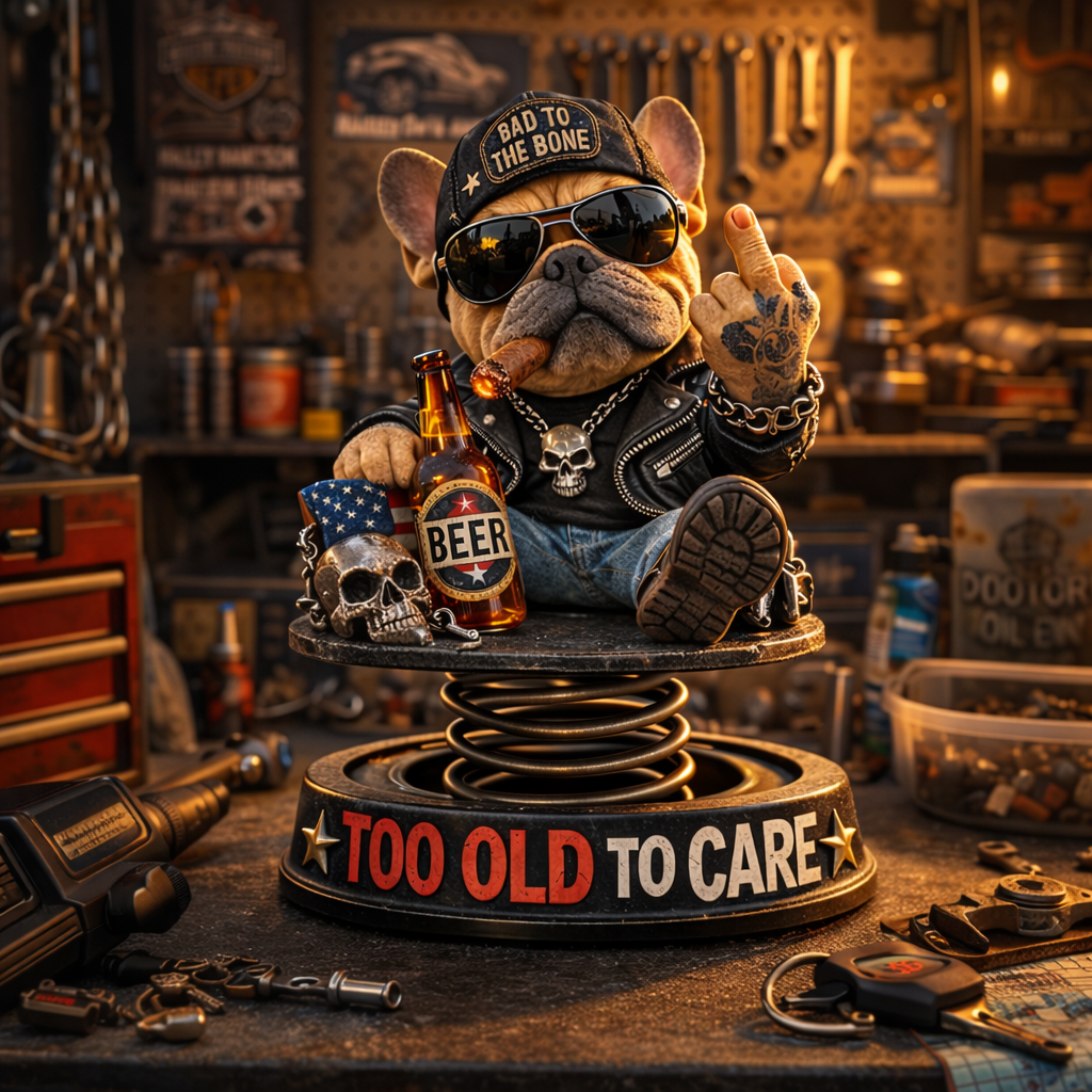 "Too Old To Care" Hardcore Frenchie Dashboard Bobblehead😎 - Rebellious Middle Finger Bulldog Car Decor