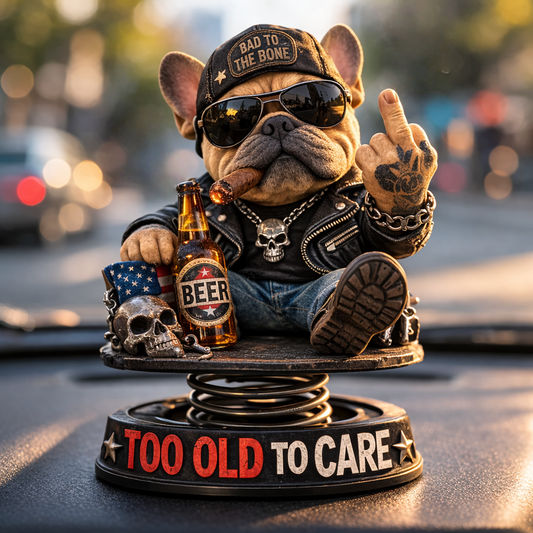 "Too Old To Care" Hardcore Frenchie Dashboard Bobblehead😎 - Rebellious Middle Finger Bulldog Car Decor