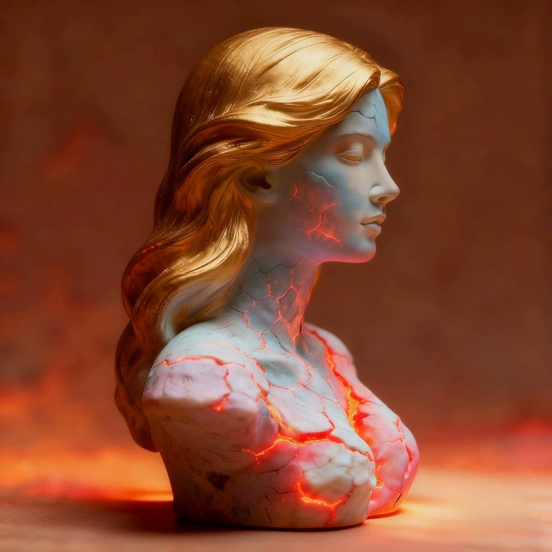 Blazing Maiden Figurine – Lava Crack Ember Girl Bust Decor