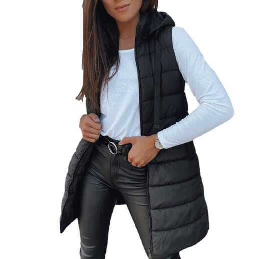 ❄️ Women Long Puffer Vest 👗 | Solid Color | Sleeveless | Hooded | Winter Wear 💕