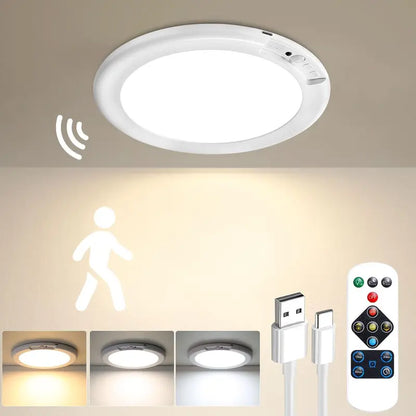 Rechargeable Ceiling Light with Motion Sensor,Rechargeable Ceiling Light with Remote Control -Battery Powered Magnetic Wireless Ceiling Light for Stairs, Shower, Closet,Throw, Patio, Hallway,Porch, etc.