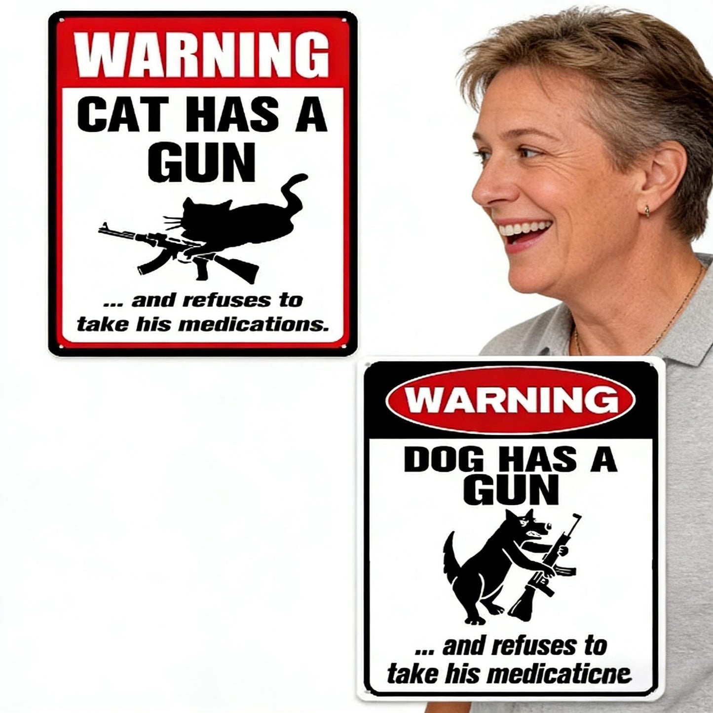 🔥Last Day 50% OFF - Funny "Cat & Dog Has a Gun & Won't Take Meds" Aluminum Sign
