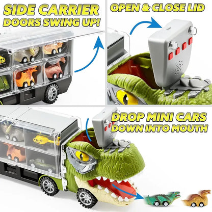 Dinosaur Transport Carrier Truck with 12 Mini Pull-Back Cars – 13-in-1 Garbage Truck Toy Set