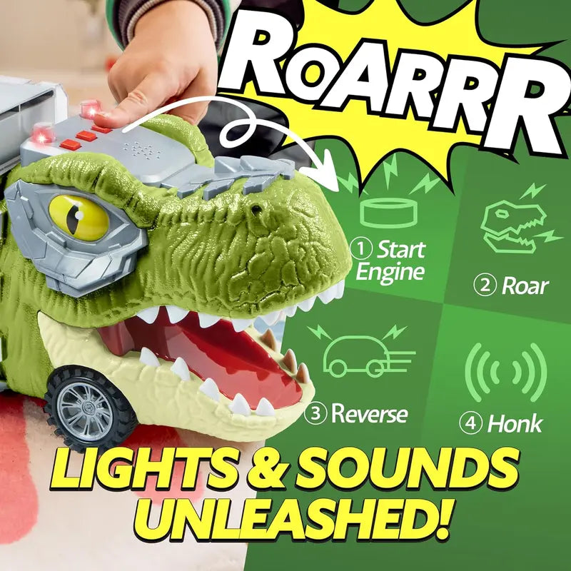 Dinosaur Transport Carrier Truck with 12 Mini Pull-Back Cars – 13-in-1 Garbage Truck Toy Set