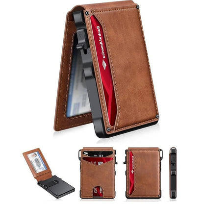 💼🔒Premium Aluminum RFID Blocking Minimalist Wallet for Men — Pop-Up Card Access, Money Clip & ID Window